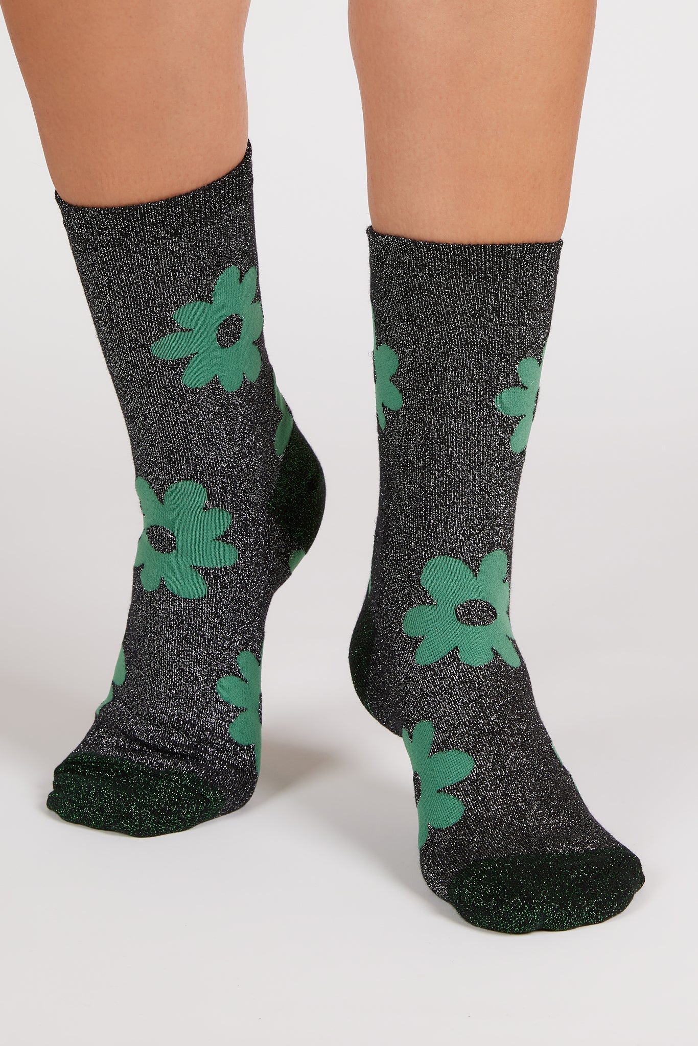 Black metallic green giant floral socks_4
