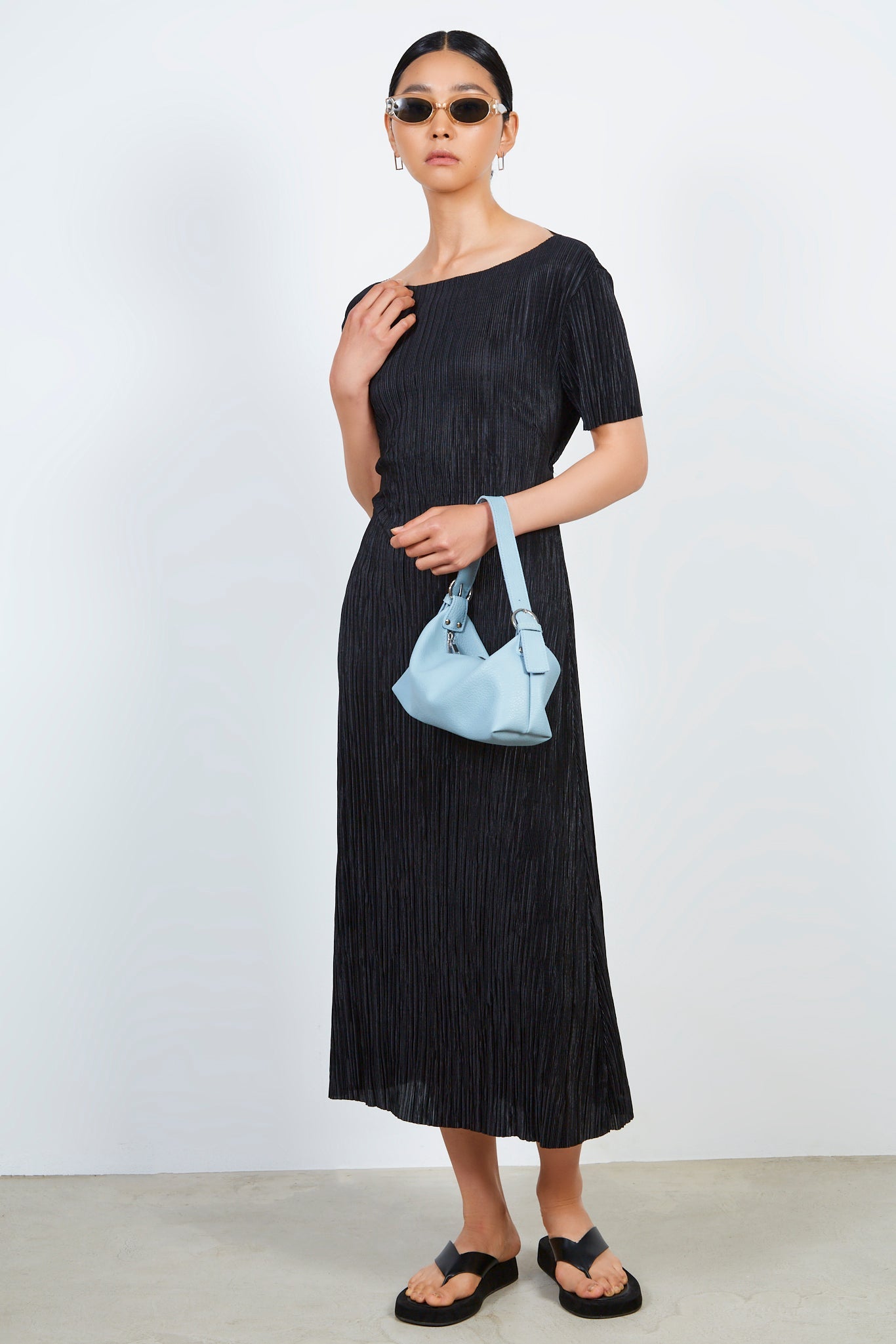 Black micro pleat peek back dress_2
