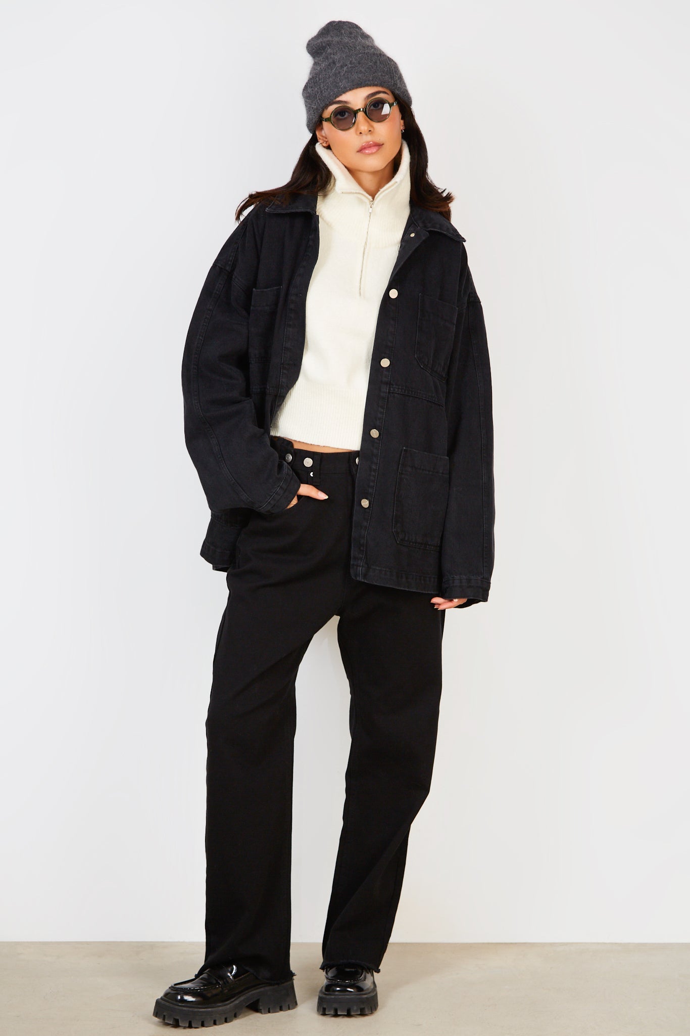 Black oversized pocket front denim jacket_4
