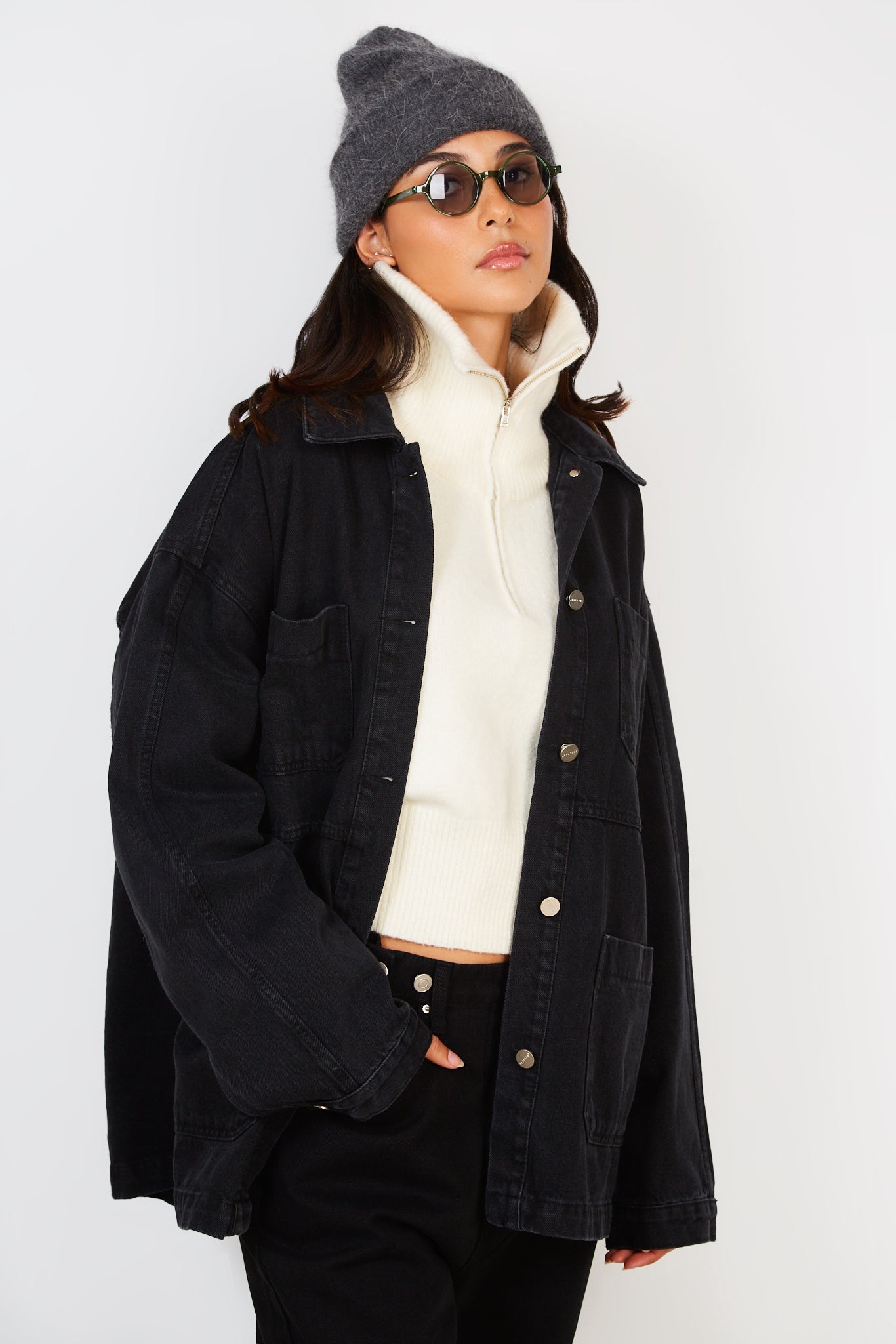 Black oversized pocket front denim jacket_2