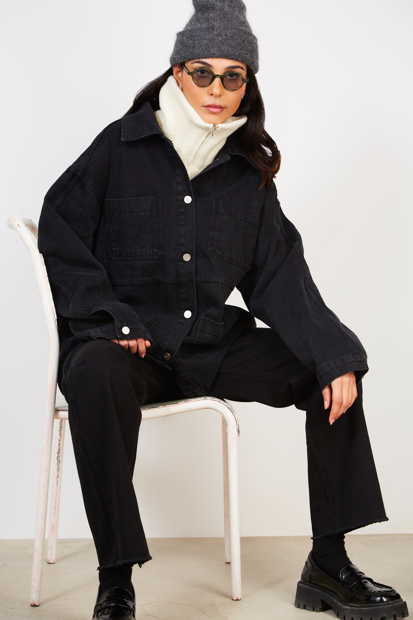 Black oversized pocket front denim jacket_1