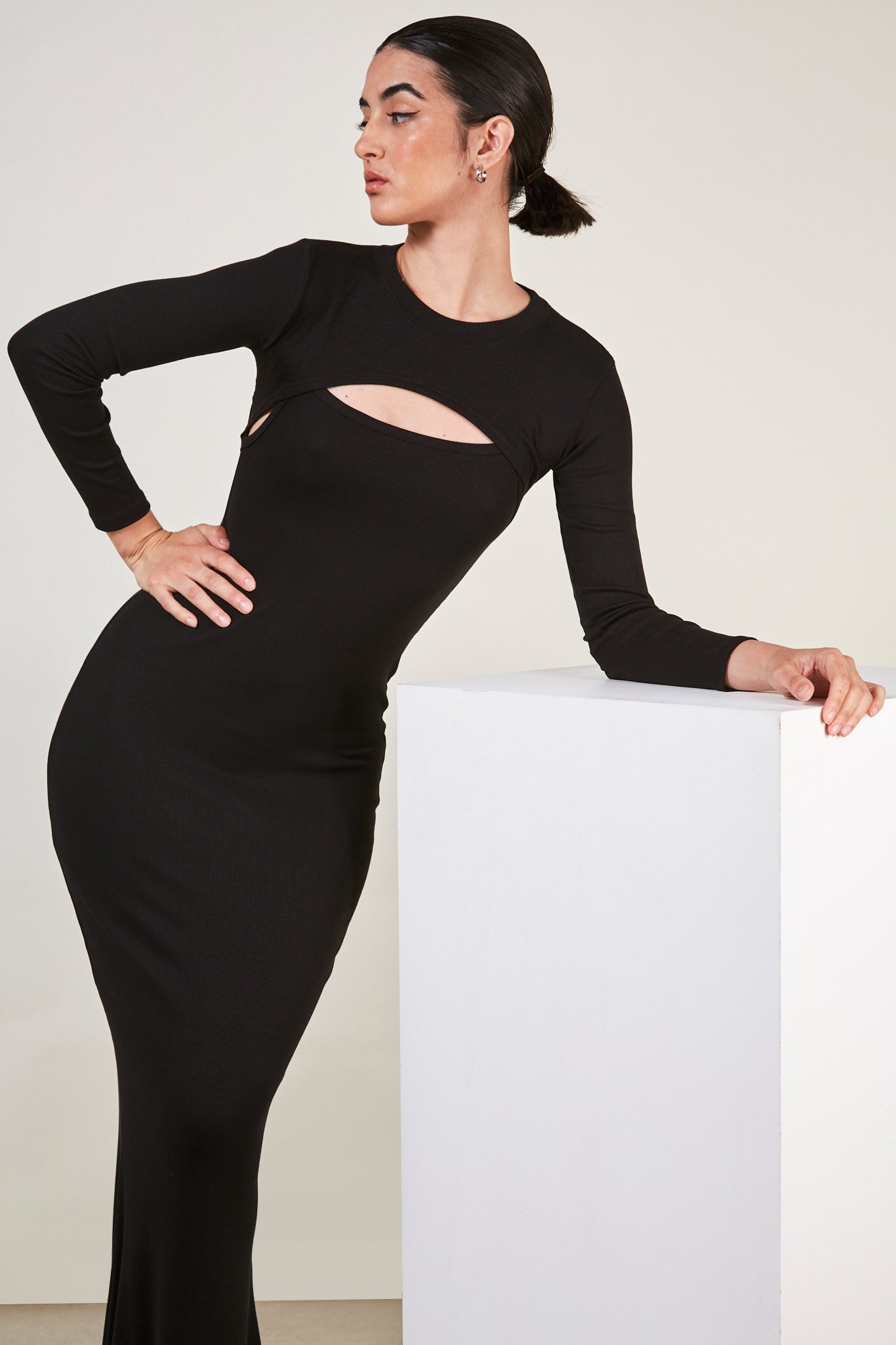 Black peek front jersey dress_1
