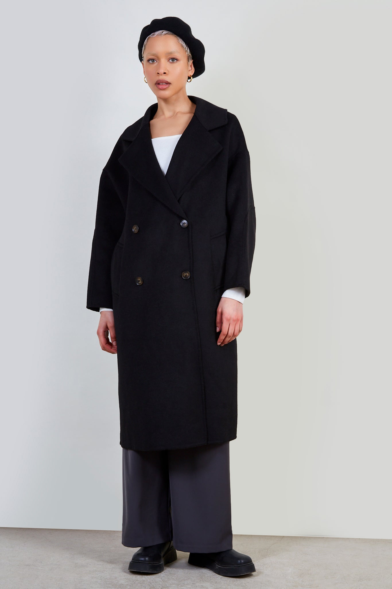 Black pure wool handmade double breasted coat_1