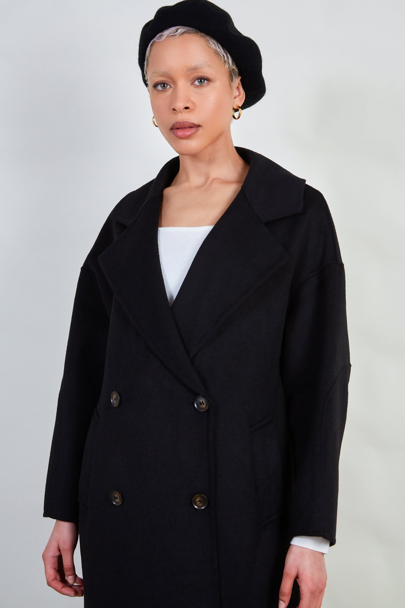 Black pure wool handmade double breasted coat_2