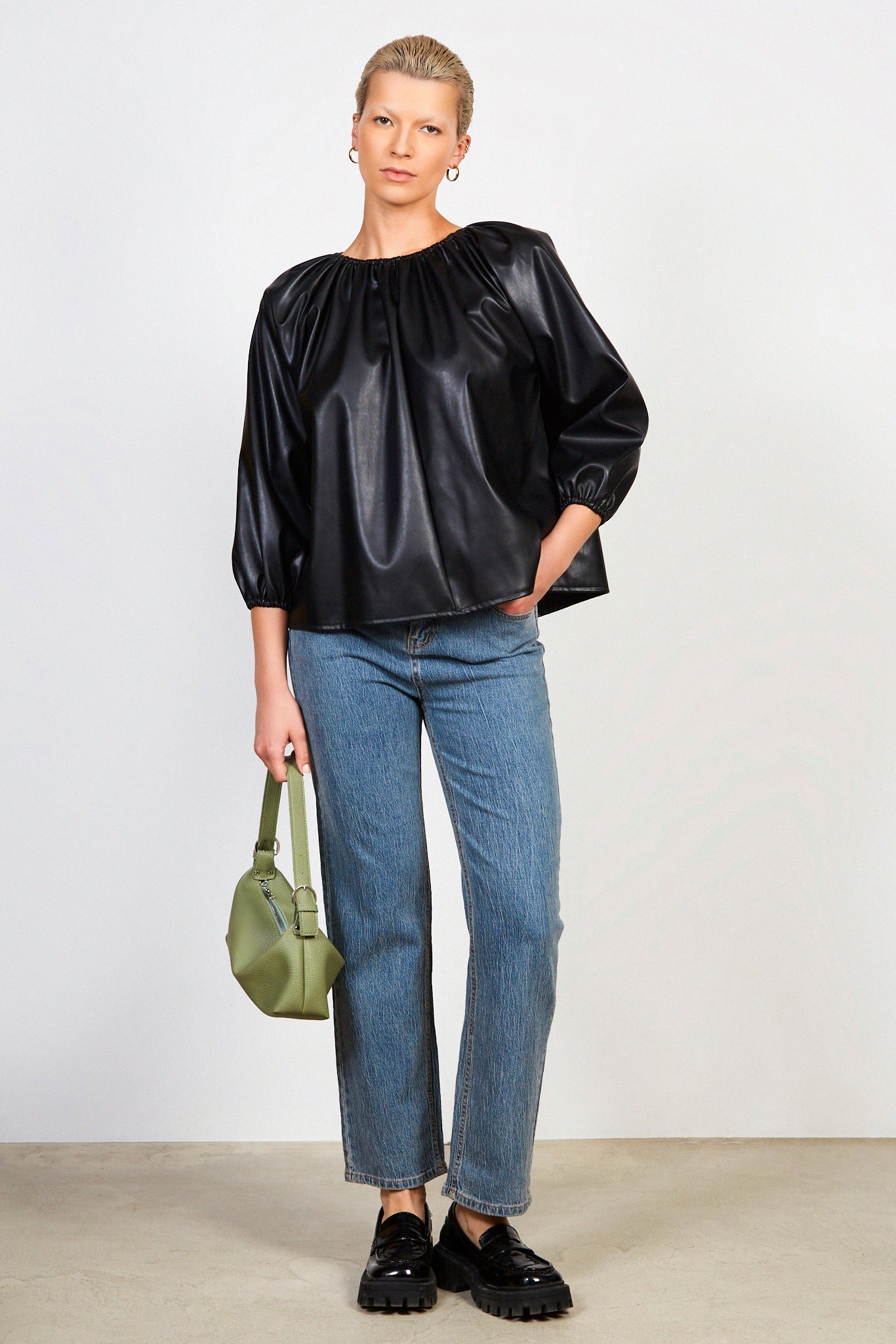 Black ruched neck long sleeved vegan leather top_2