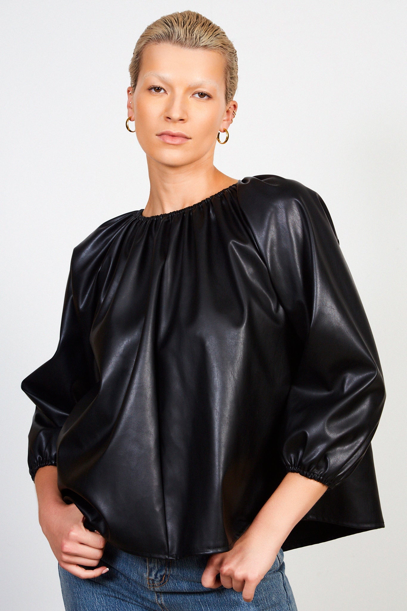 Black ruched neck long sleeved vegan leather top_1