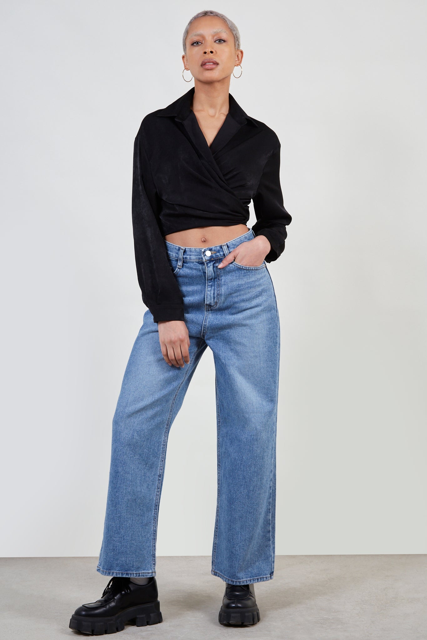 Black silky plunging tie front shirt_3