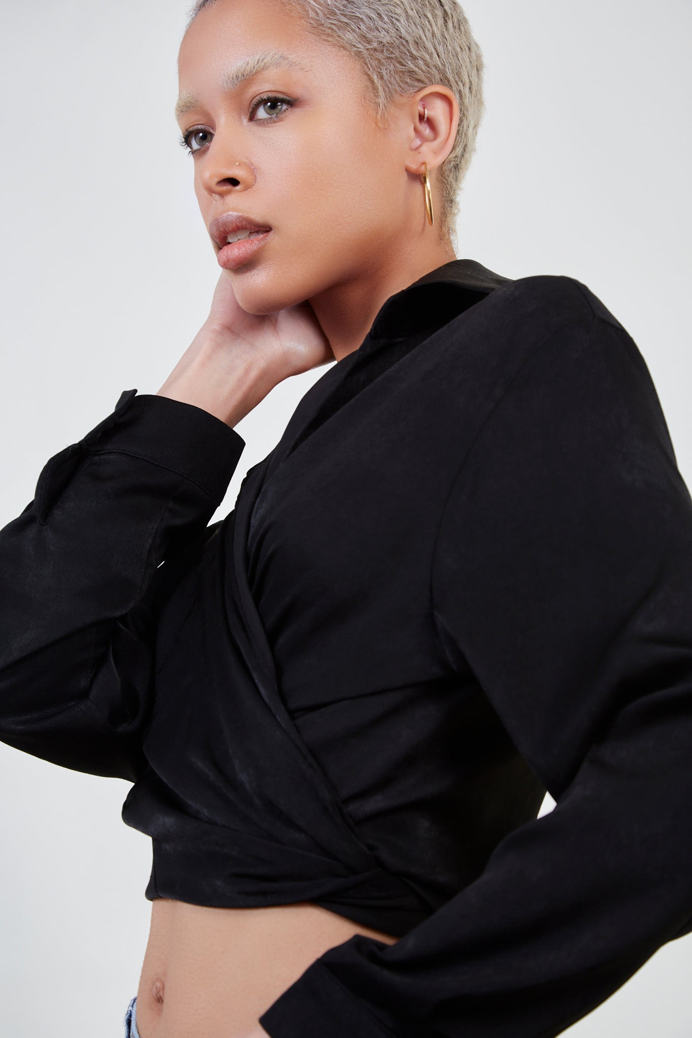 Black silky plunging tie front shirt_6