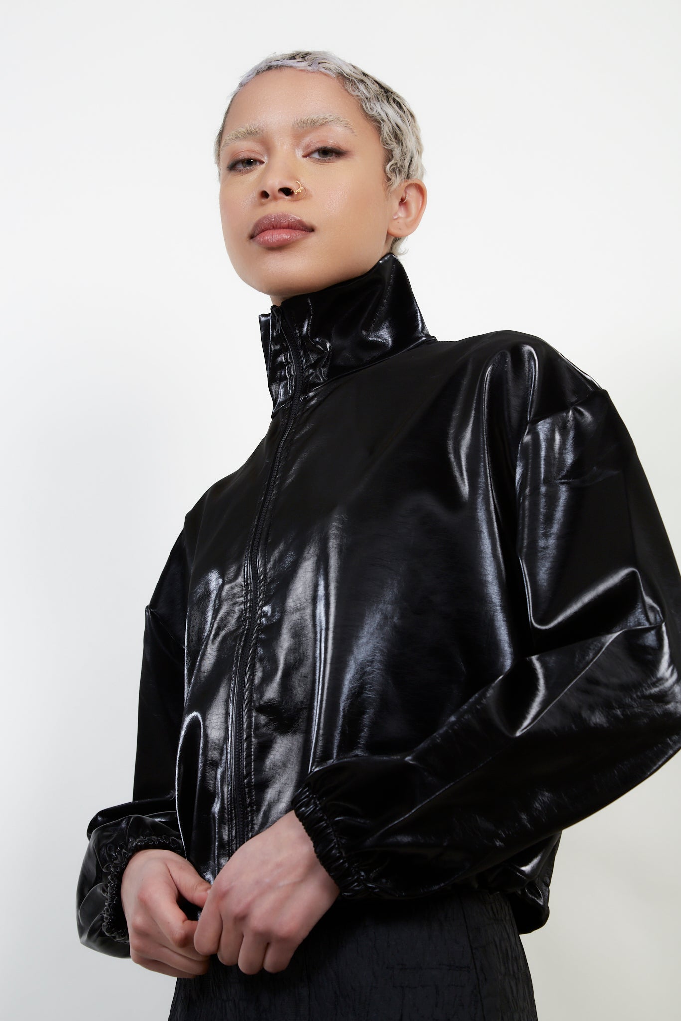 Black vegan leather puffer jacket_2