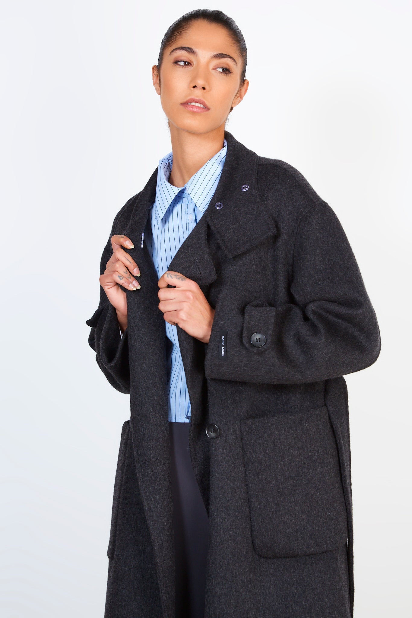 Black wool blend double breasted funnel neck coat_4
