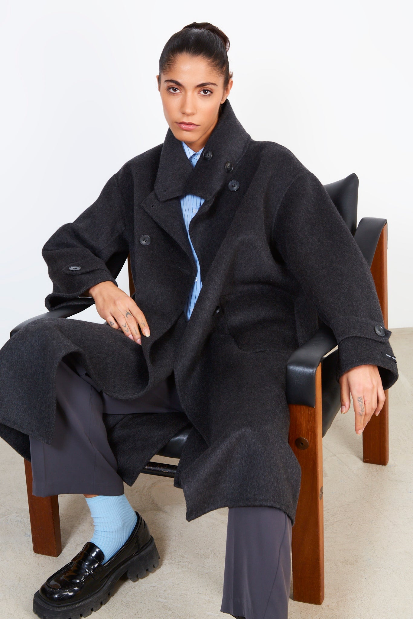 Black wool blend double breasted funnel neck coat_7