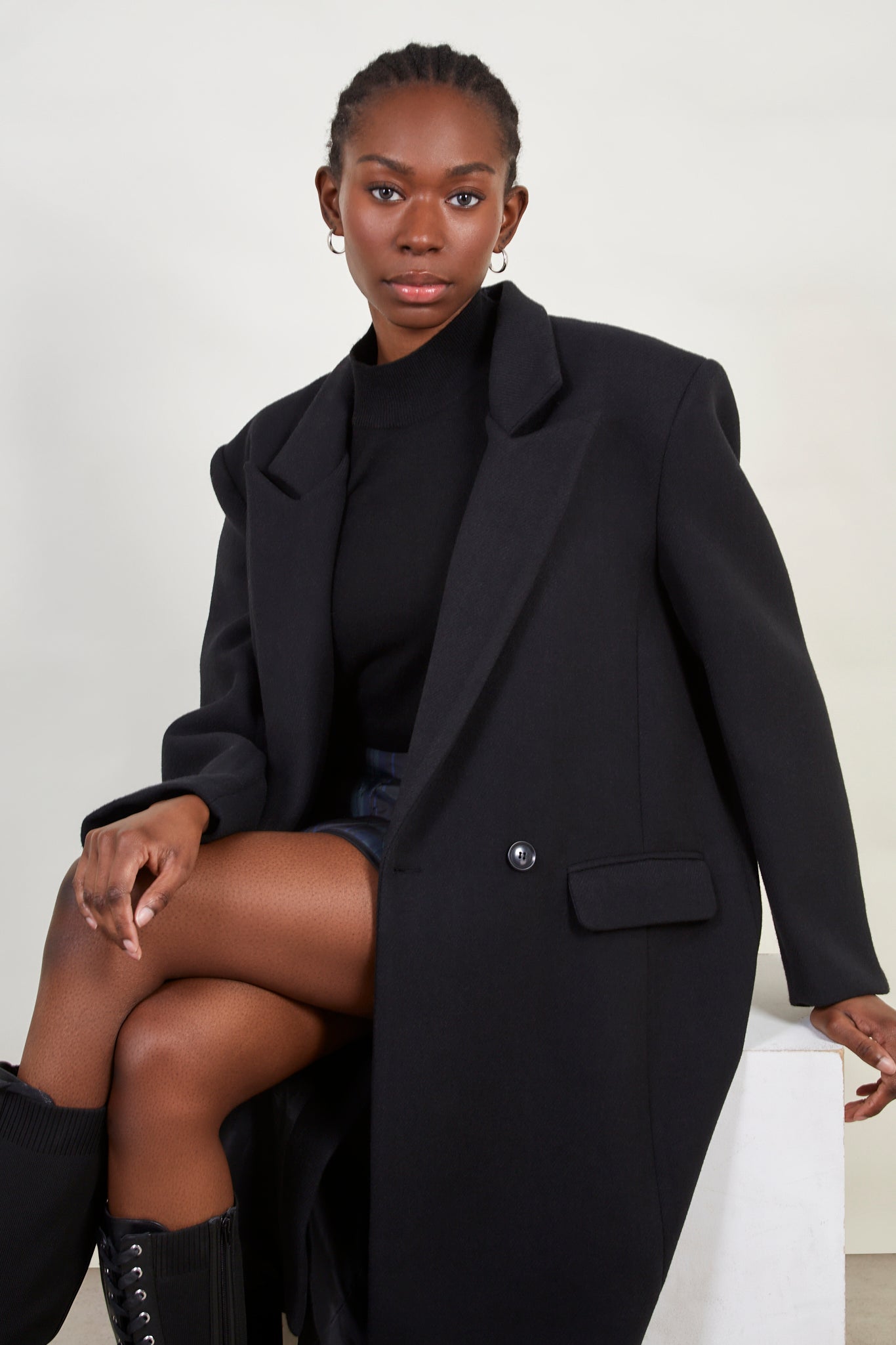 Black wool blend double breasted smart coat_6