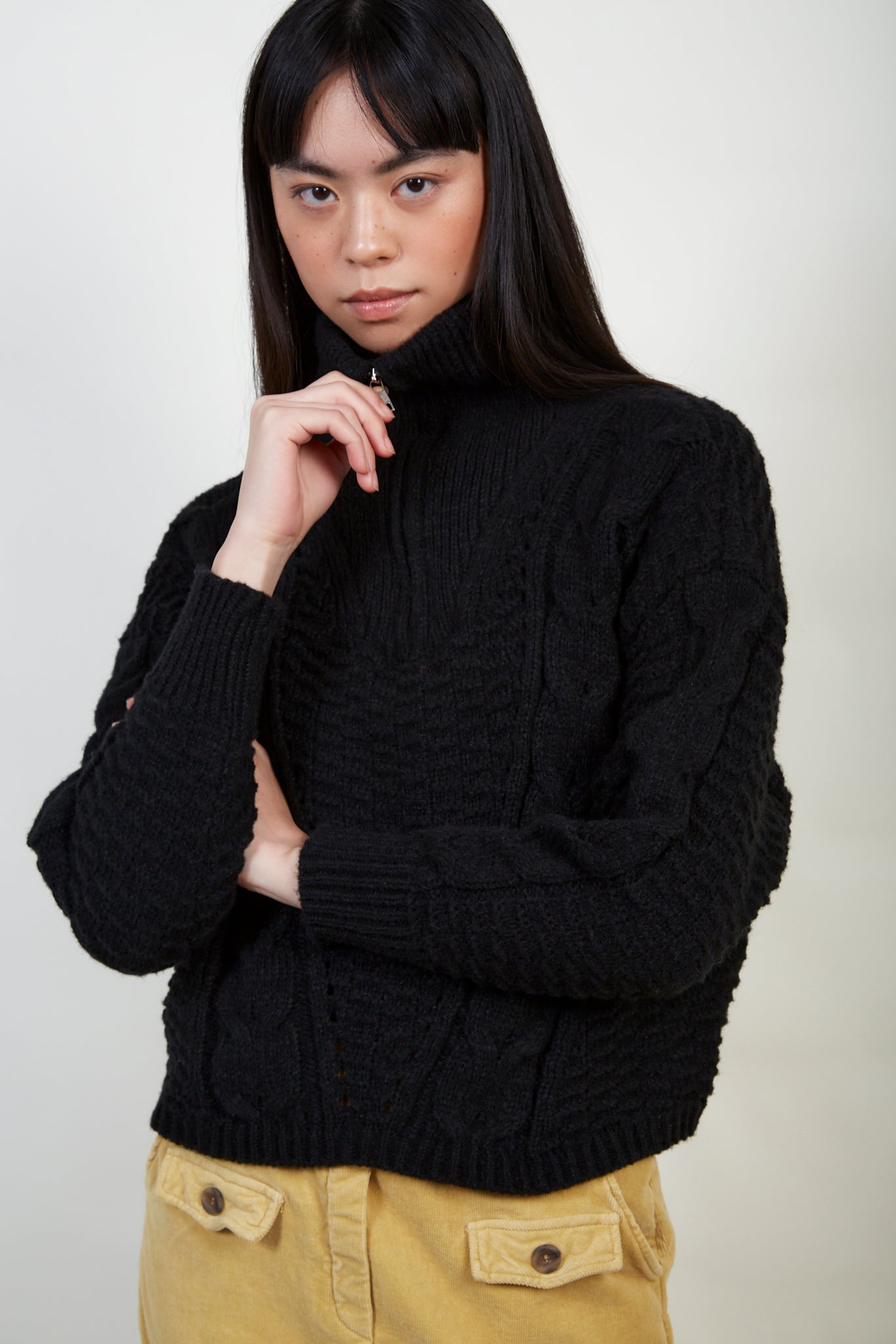 Black zip up cableknit turtleneck_1