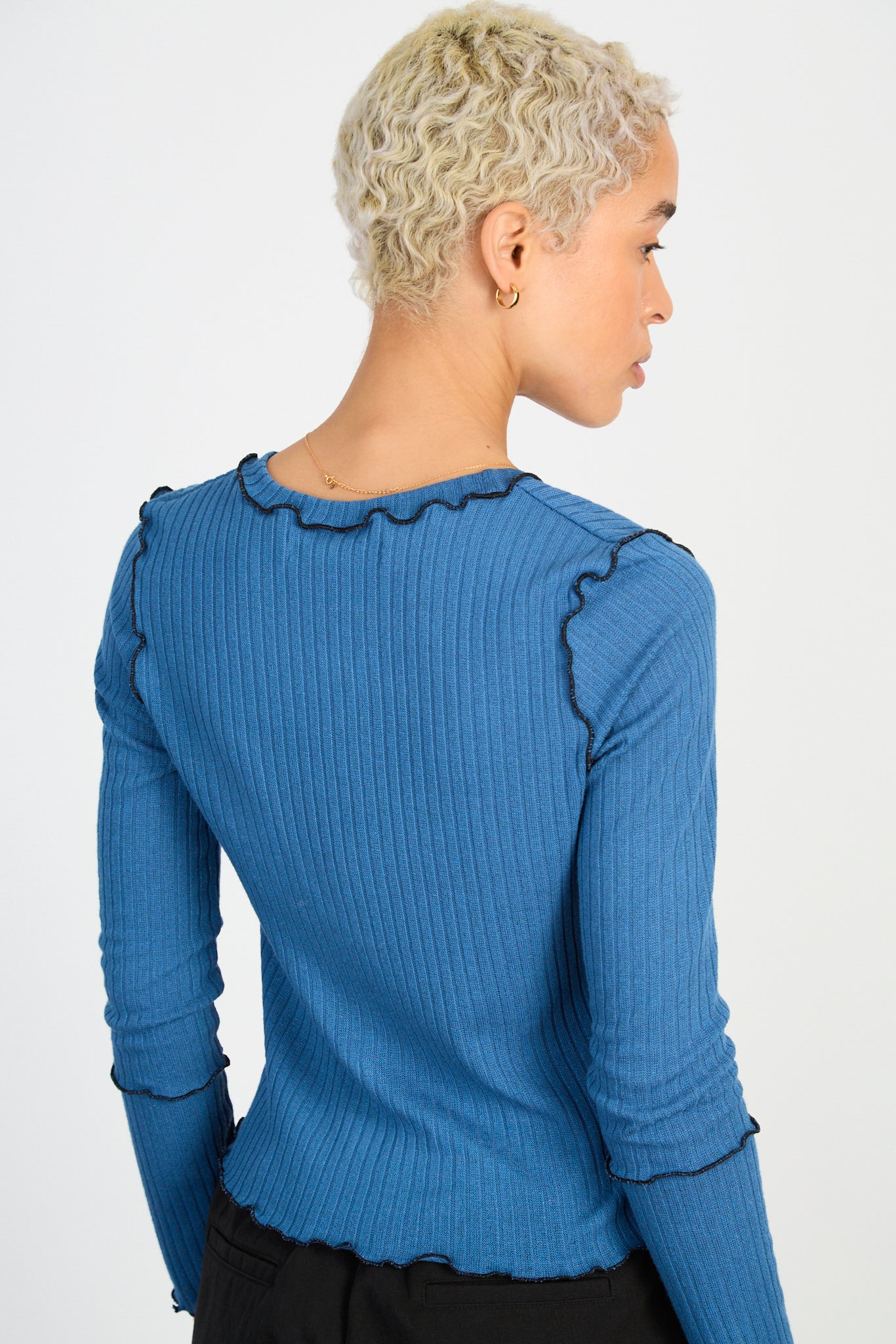 Blue and black horizontal trim long sleeved top_2