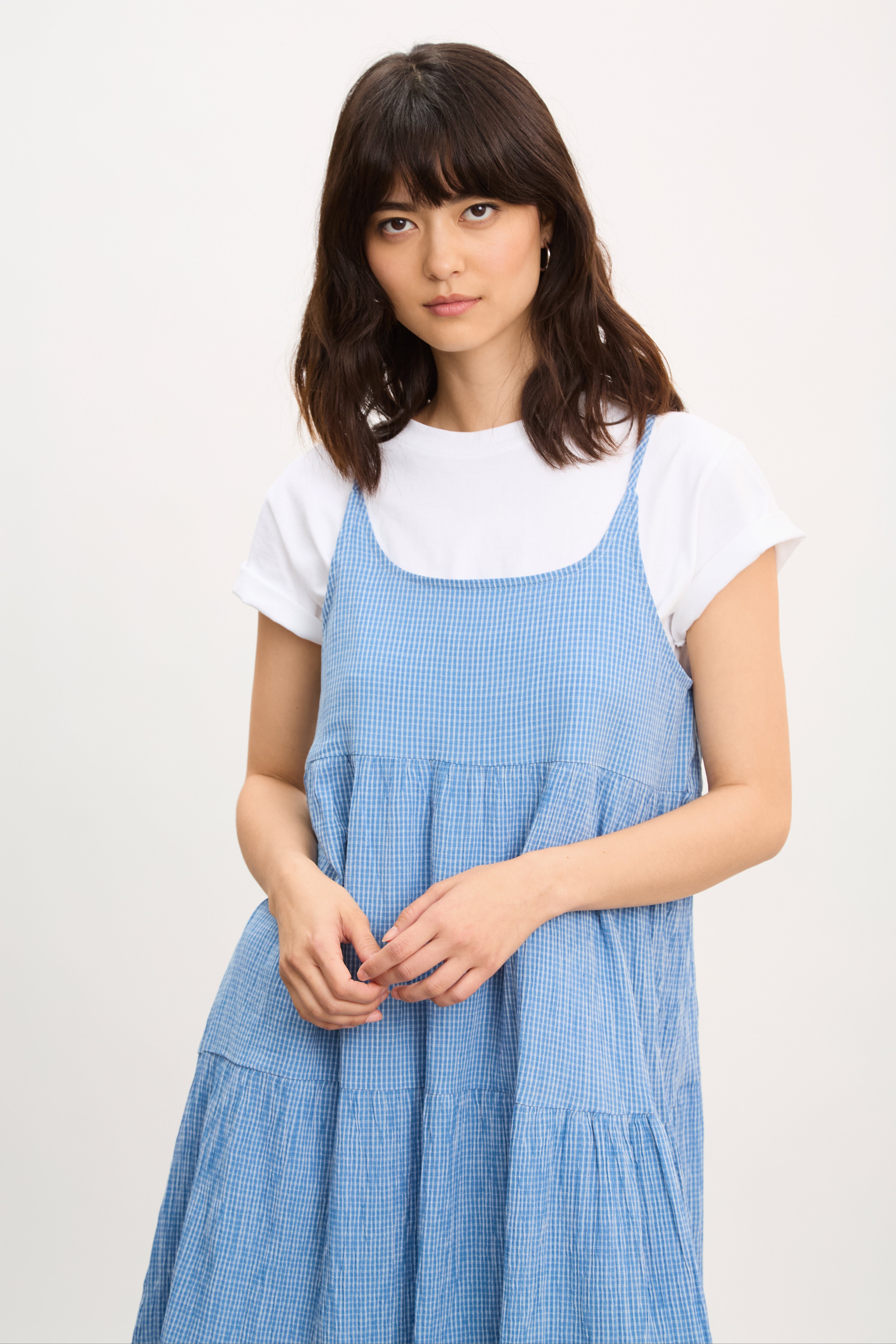 Blue and ivory check tiered midi dress_3