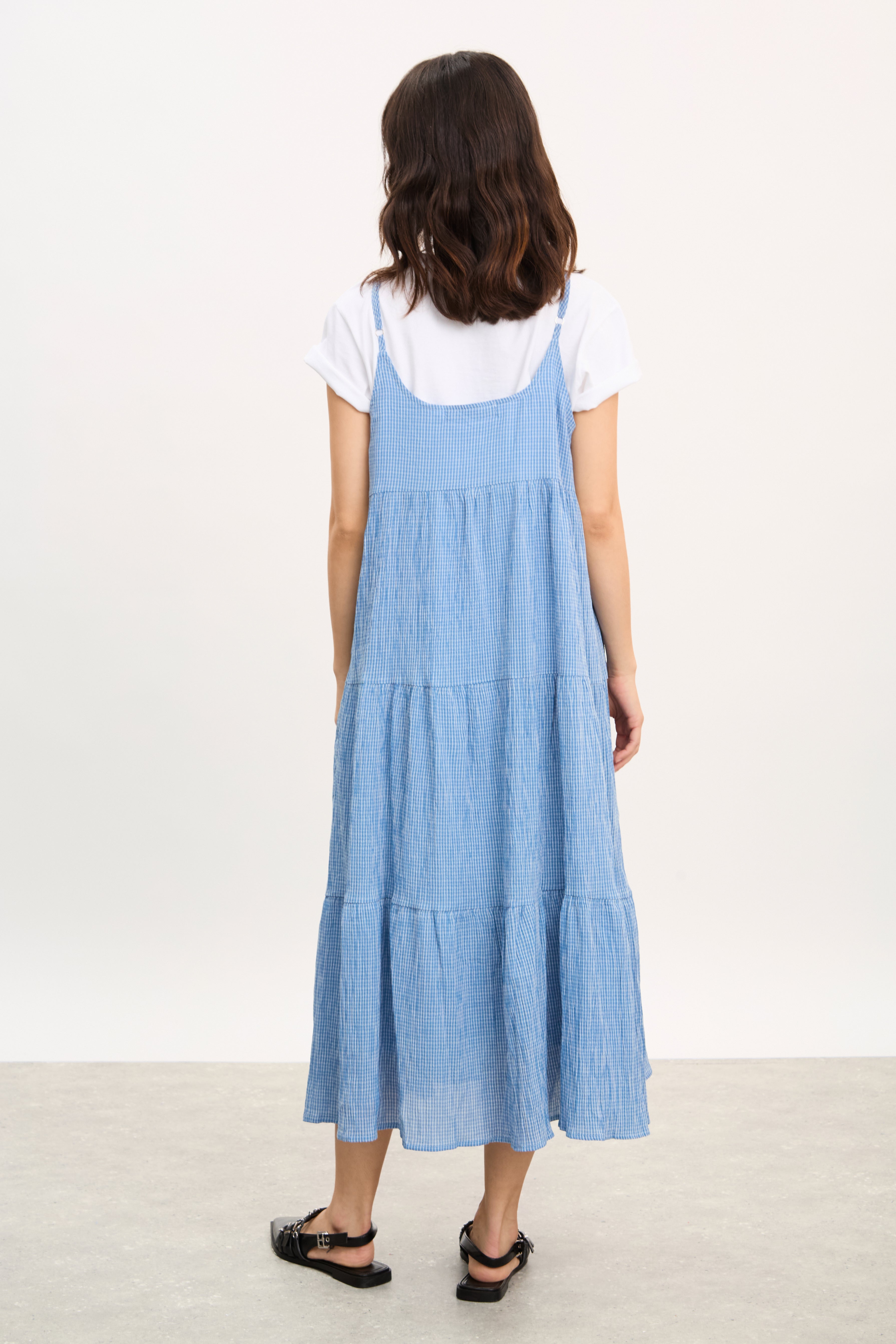 Blue and ivory check tiered midi dress_2