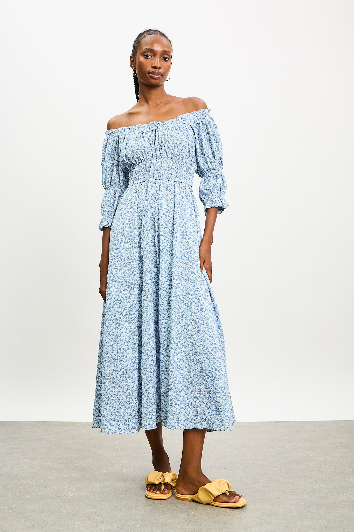 Blue and ivory ditsy floral off shoulder midi dress_1