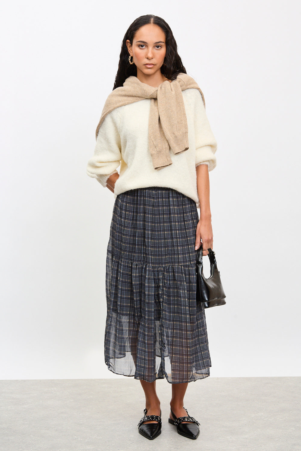 Blue and ivory plaid tiered midi skirt_4