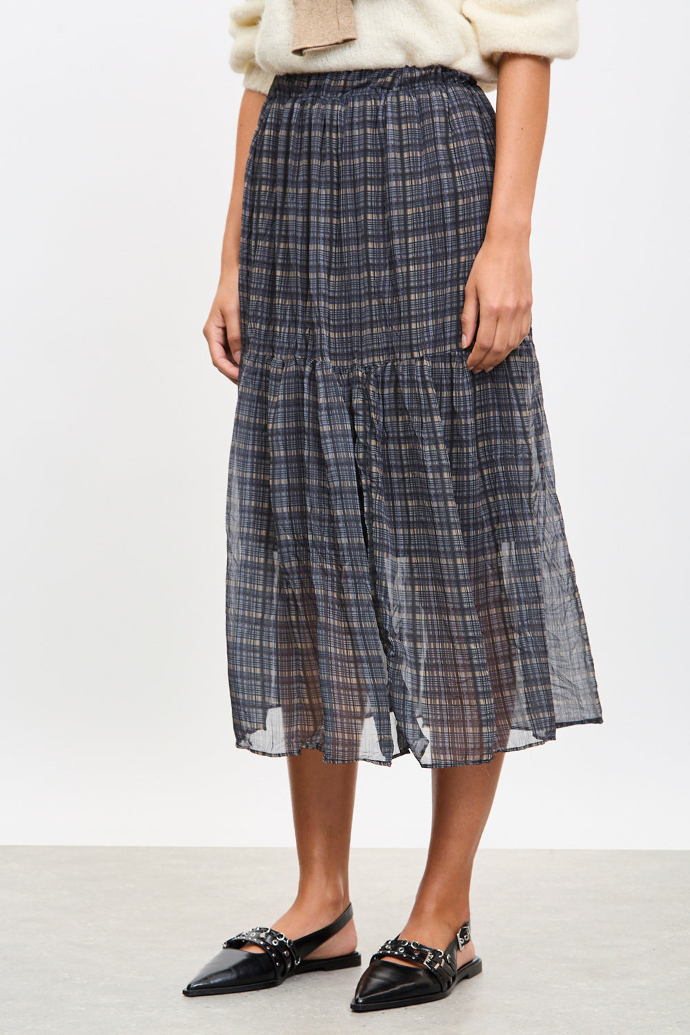 Blue and ivory plaid tiered midi skirt_1
