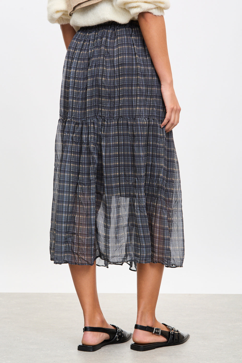Blue and ivory plaid tiered midi skirt_2