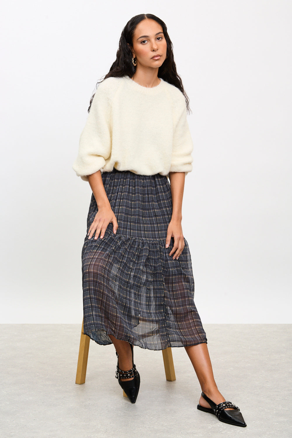 Blue and ivory plaid tiered midi skirt_5
