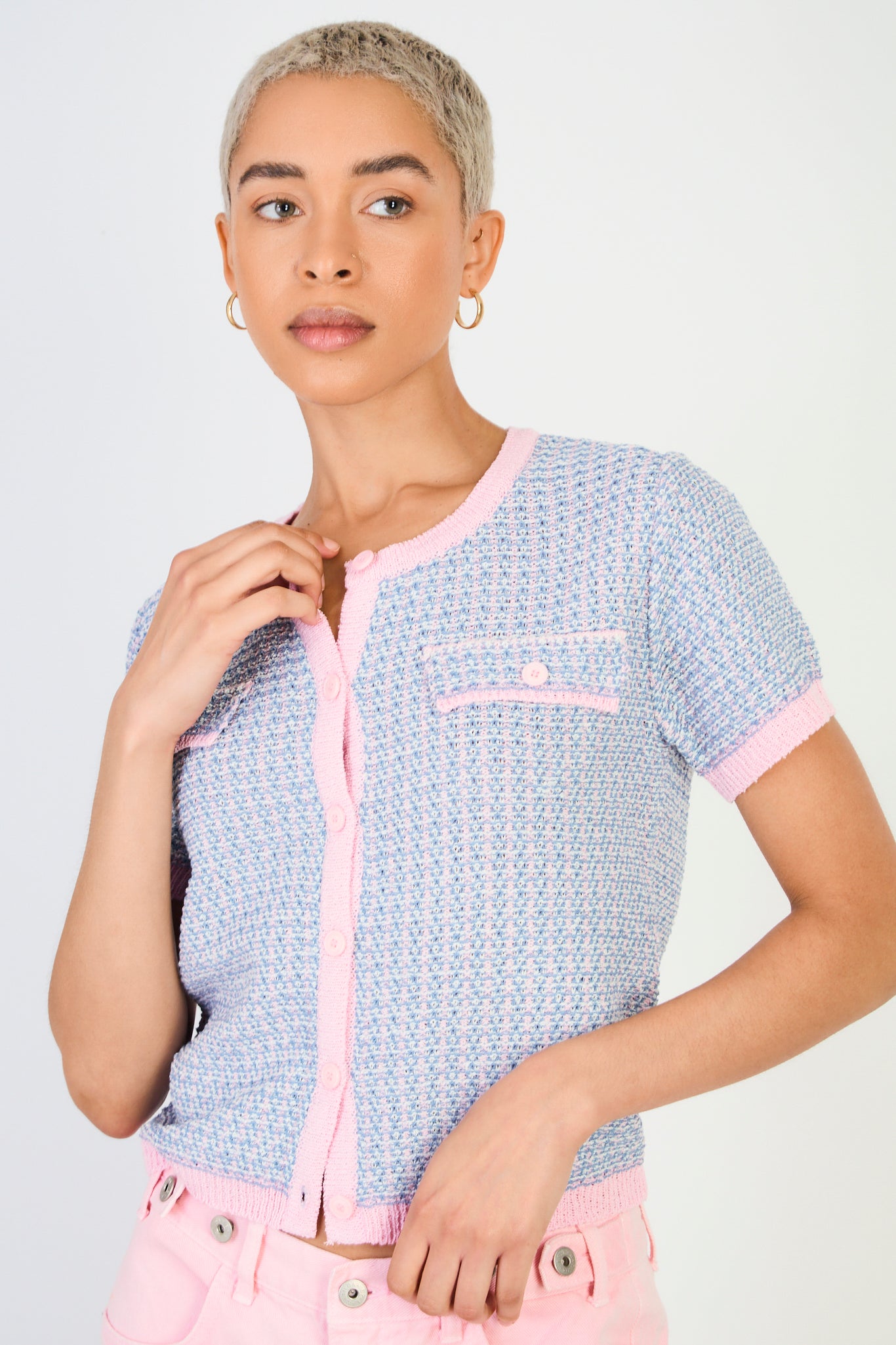 Blue and pink short sleeved mix knit cardigan_1