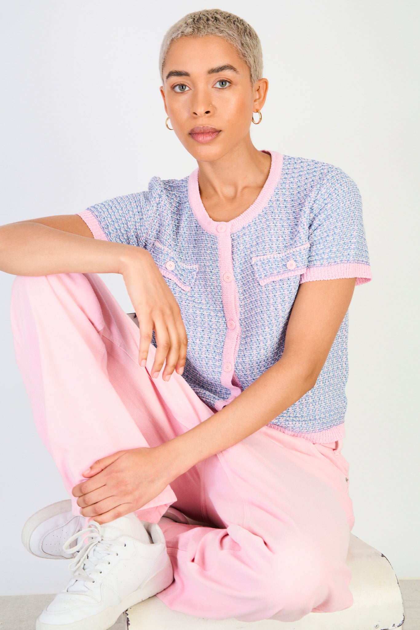 Blue and pink short sleeved mix knit cardigan_5