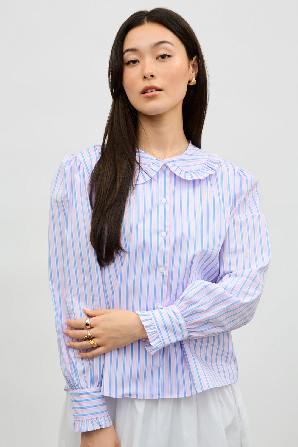 Blue and pink striped frilly collar shirt_1