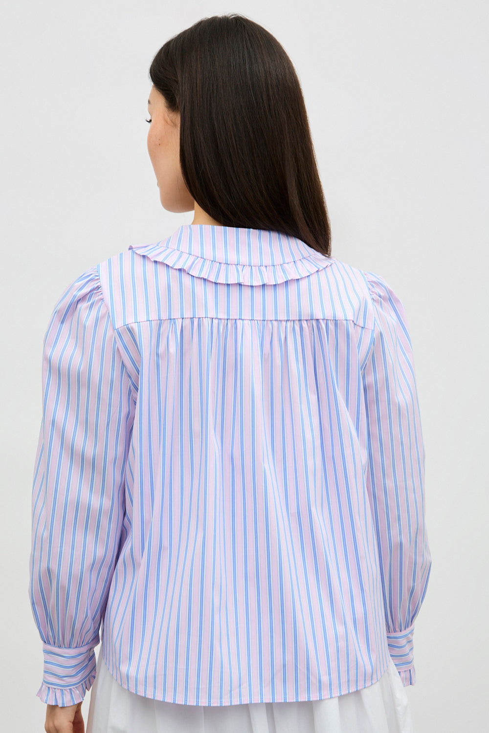Blue and pink striped frilly collar shirt_2