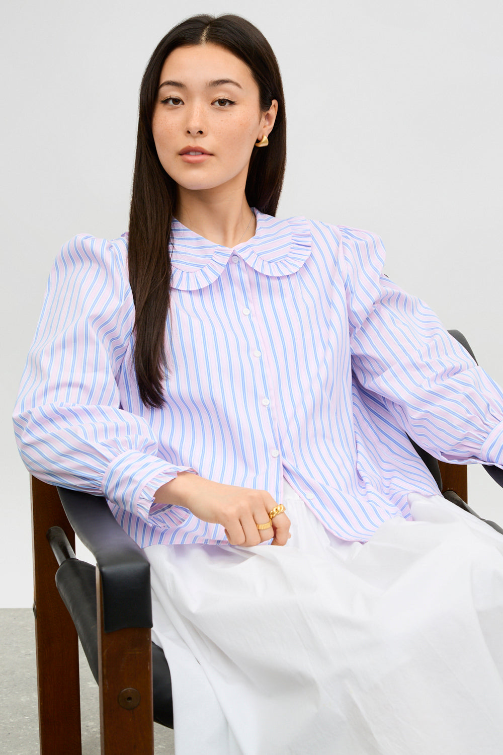 Blue and pink striped frilly collar shirt_5