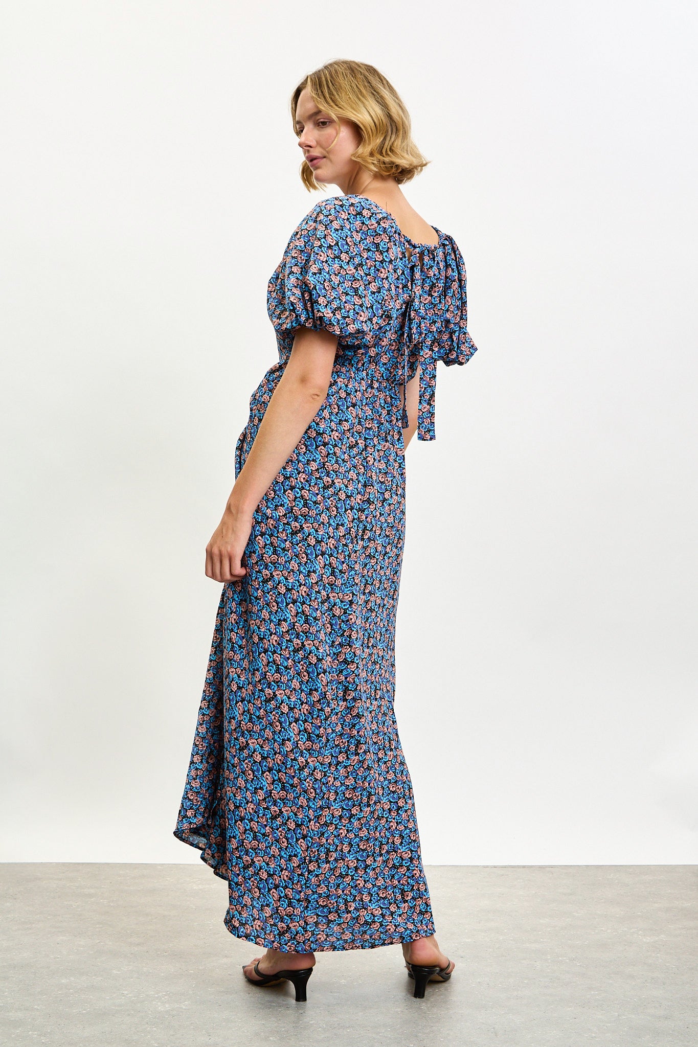Blue and pink tiny rose print puff sleeve midi dress_2
