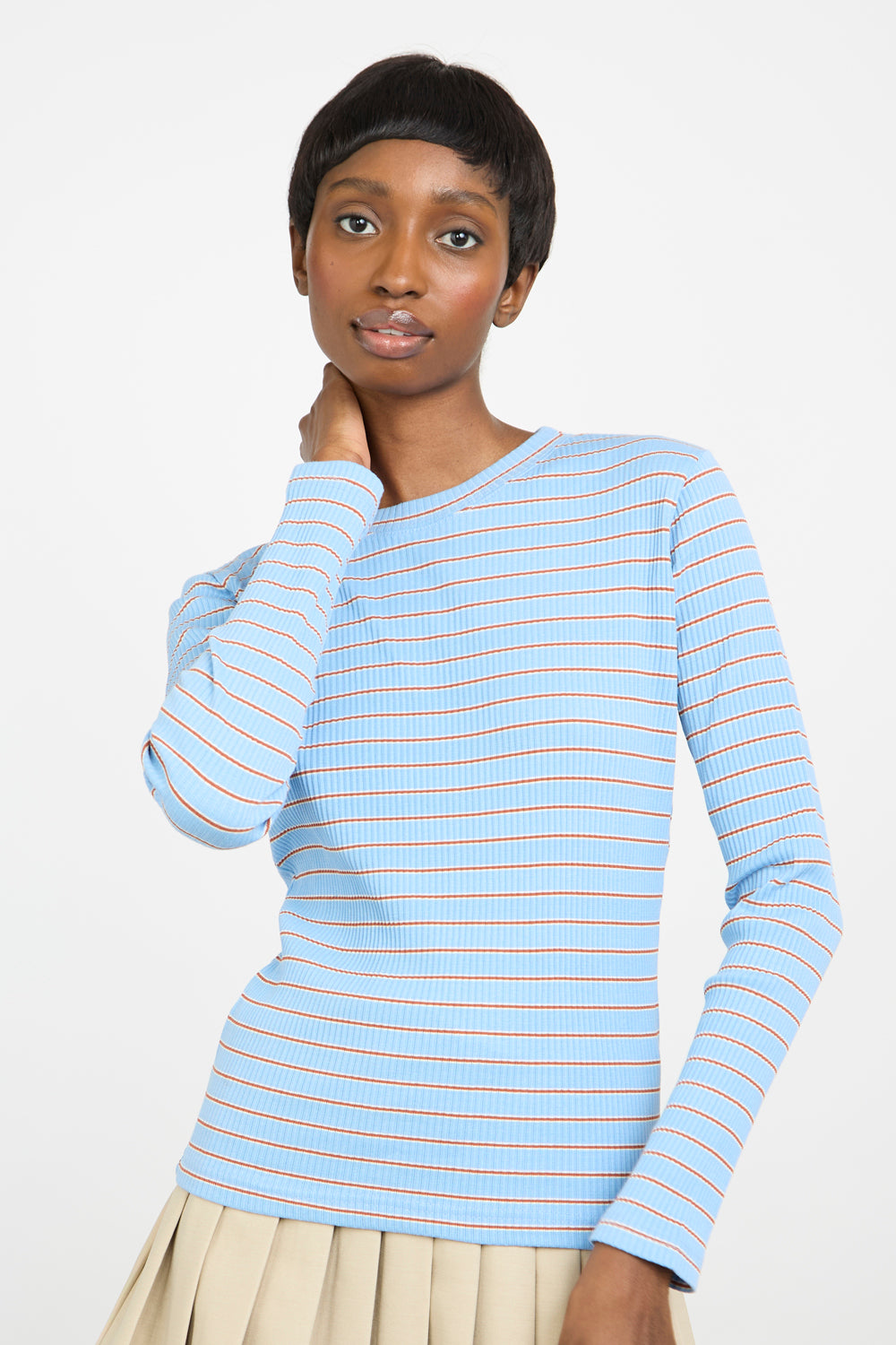 Blue and red tiny stripe long sleeve top_1