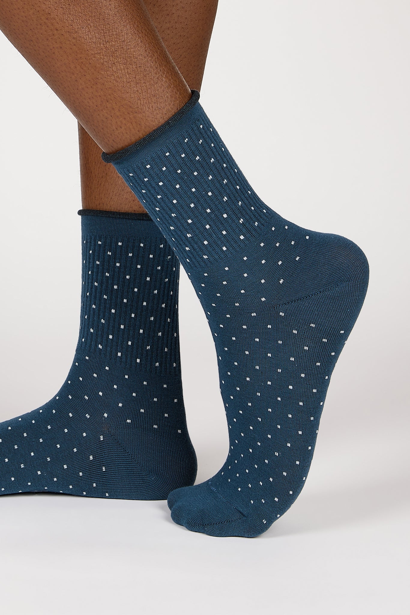 Blue and white polka dot roll trim socks_1