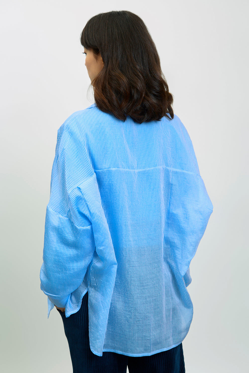 Blue and white semi sheer striped shirt_2