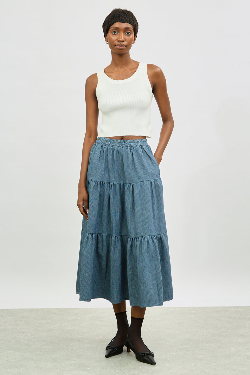 Blue and white striped tiered skirt_4