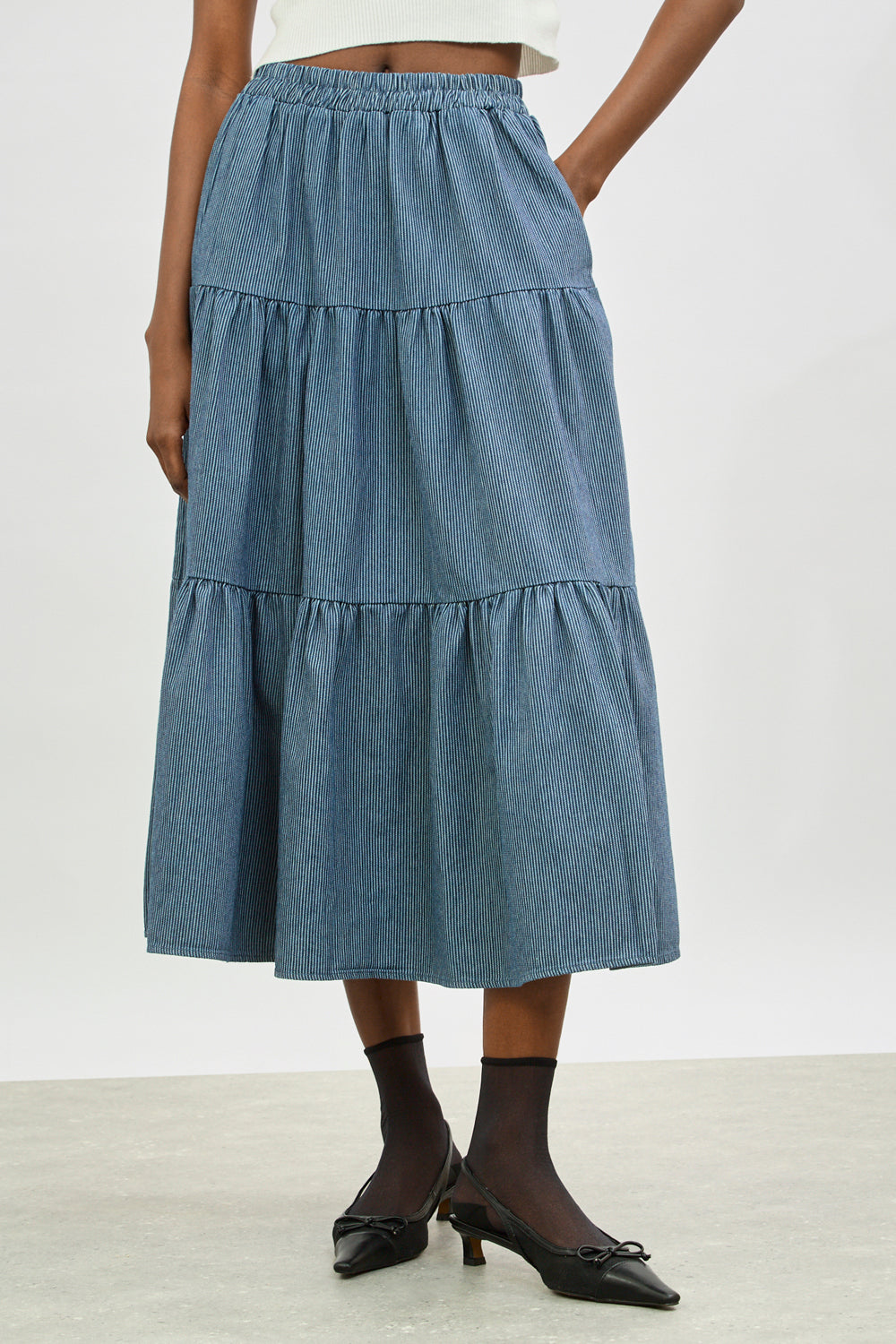 Blue and white striped tiered skirt_1