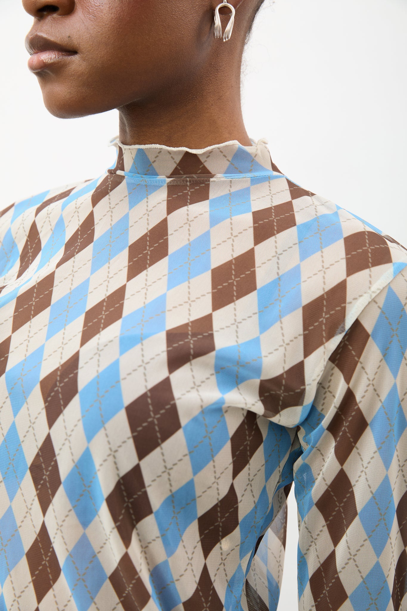 Blue brown and ivory argyle sheer long sleeve top_5
