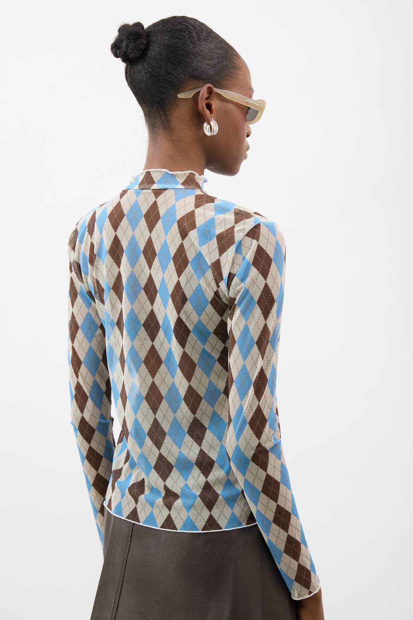 Blue brown and ivory argyle sheer long sleeve top_3