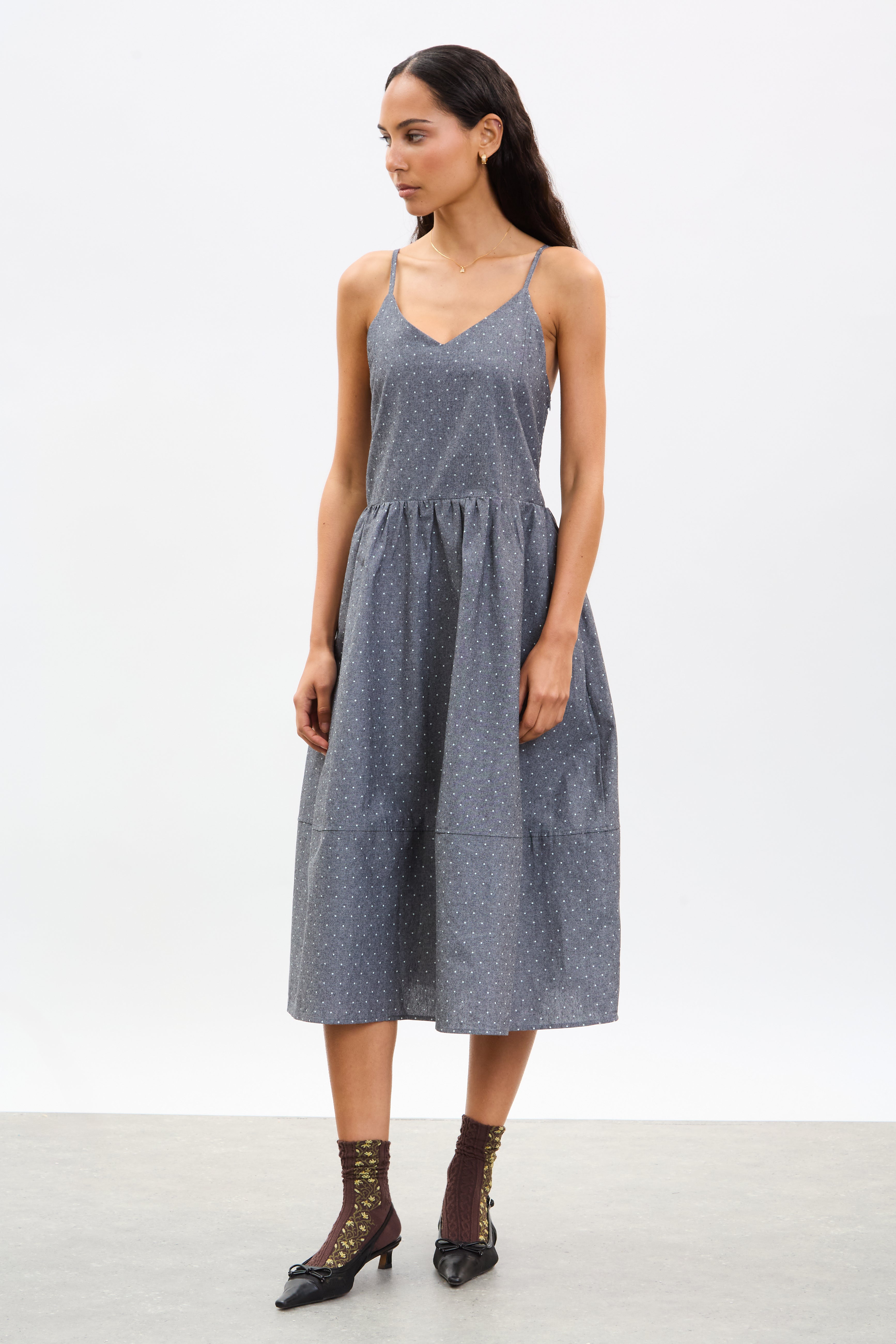 Black chambray polka dot strappy dress_1