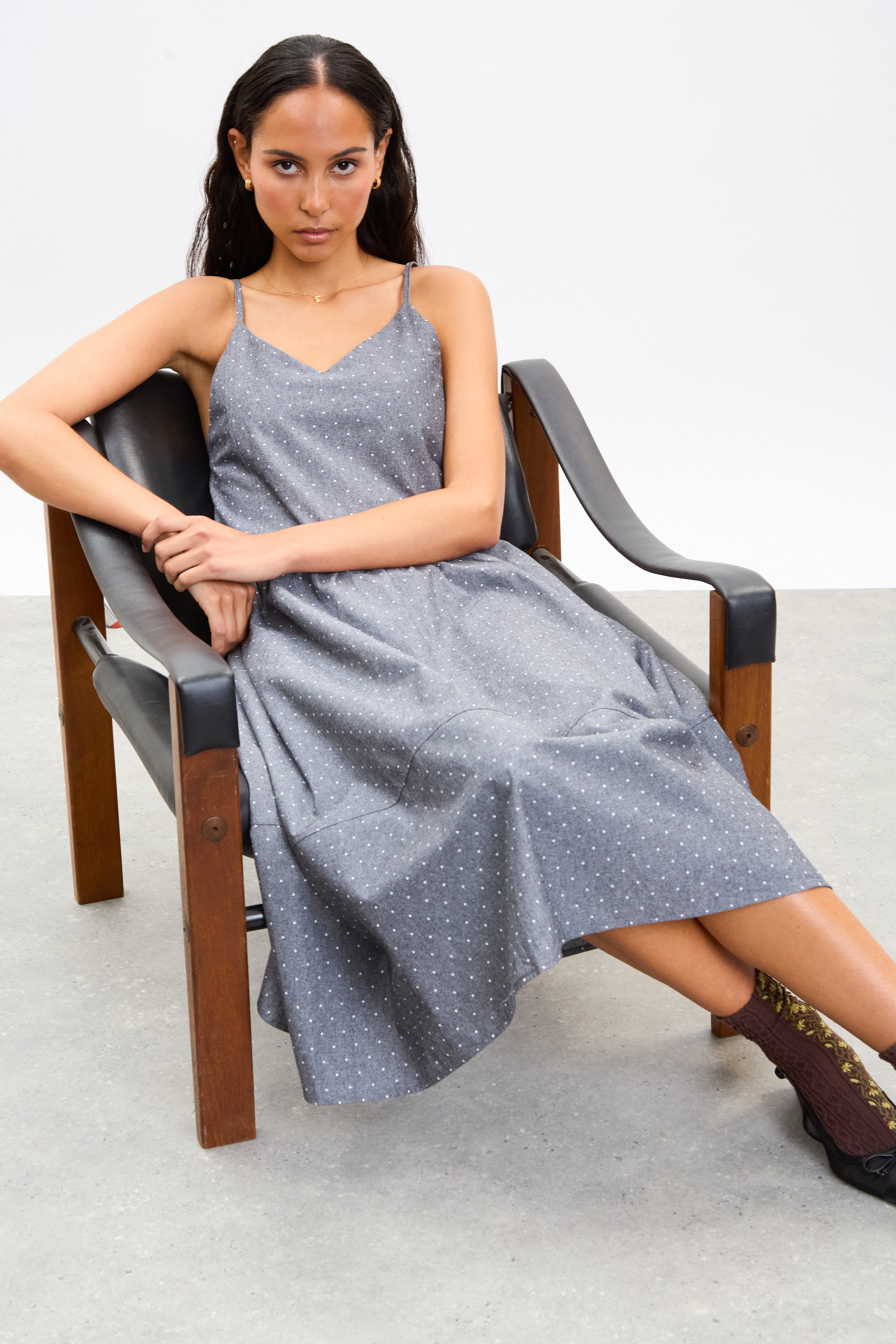 Black chambray polka dot strappy dress_5