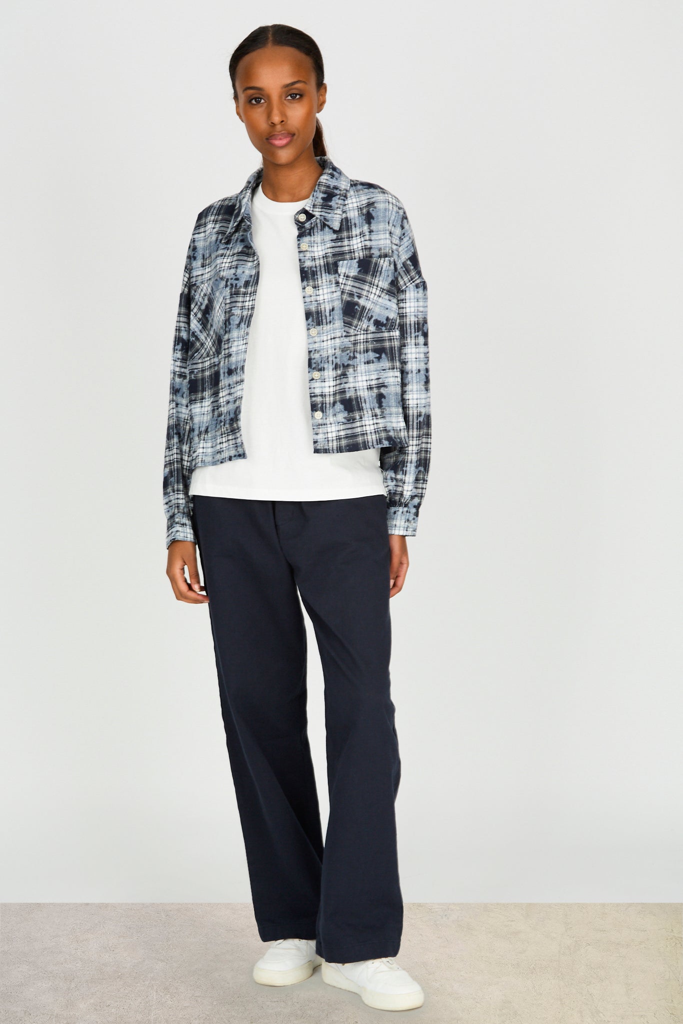 Blue check splatter print shirt_4