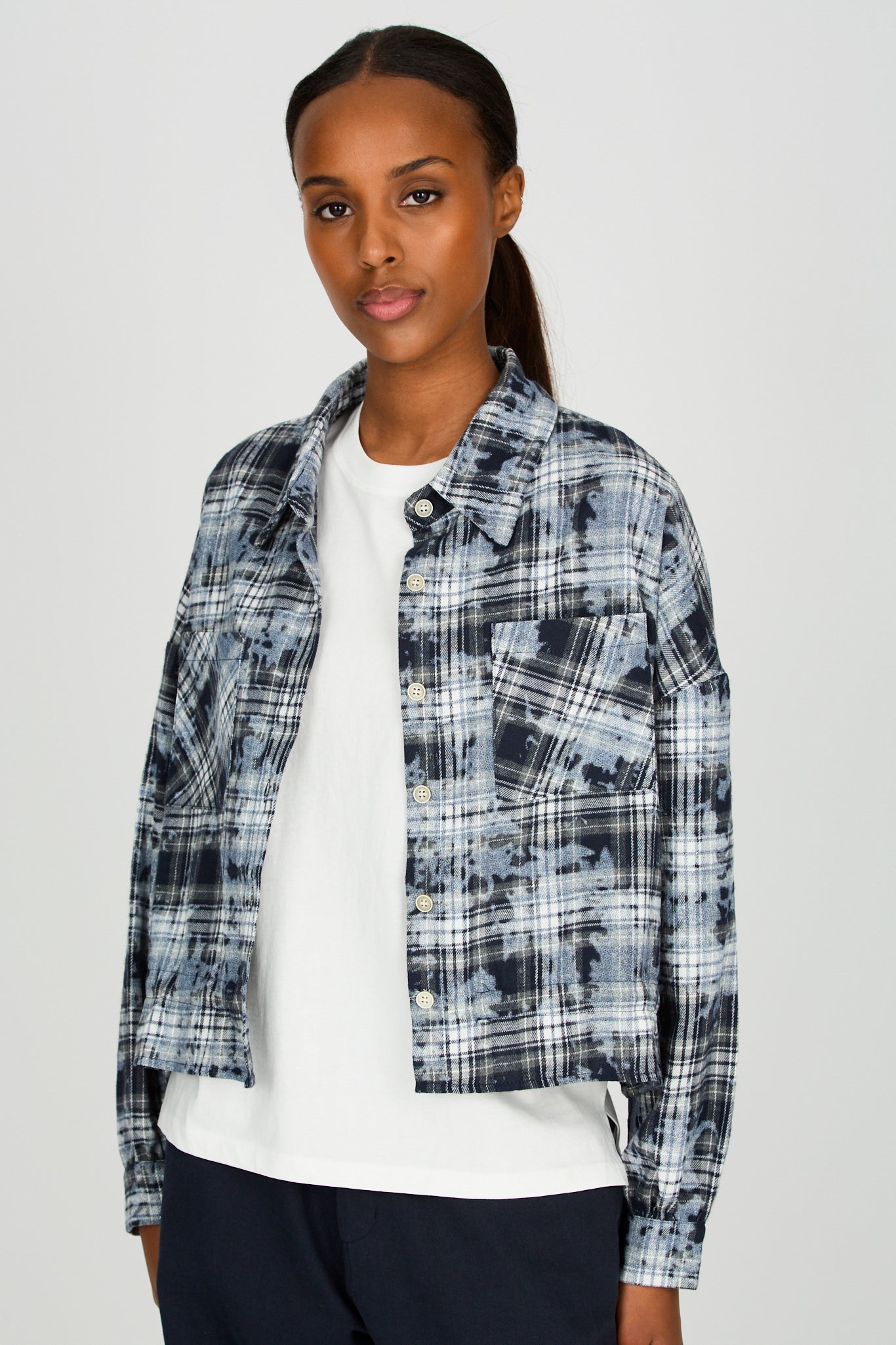 Blue check splatter print shirt_2