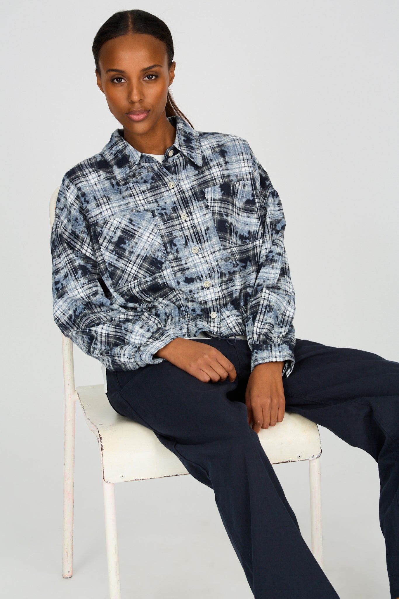 Blue check splatter print shirt_5