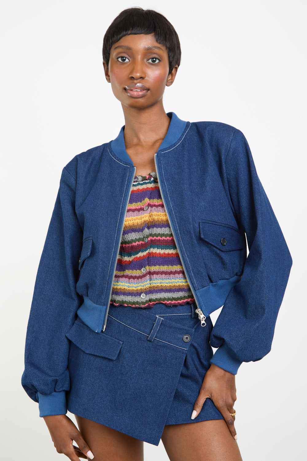 Blue denim contrast stitch bomber_2