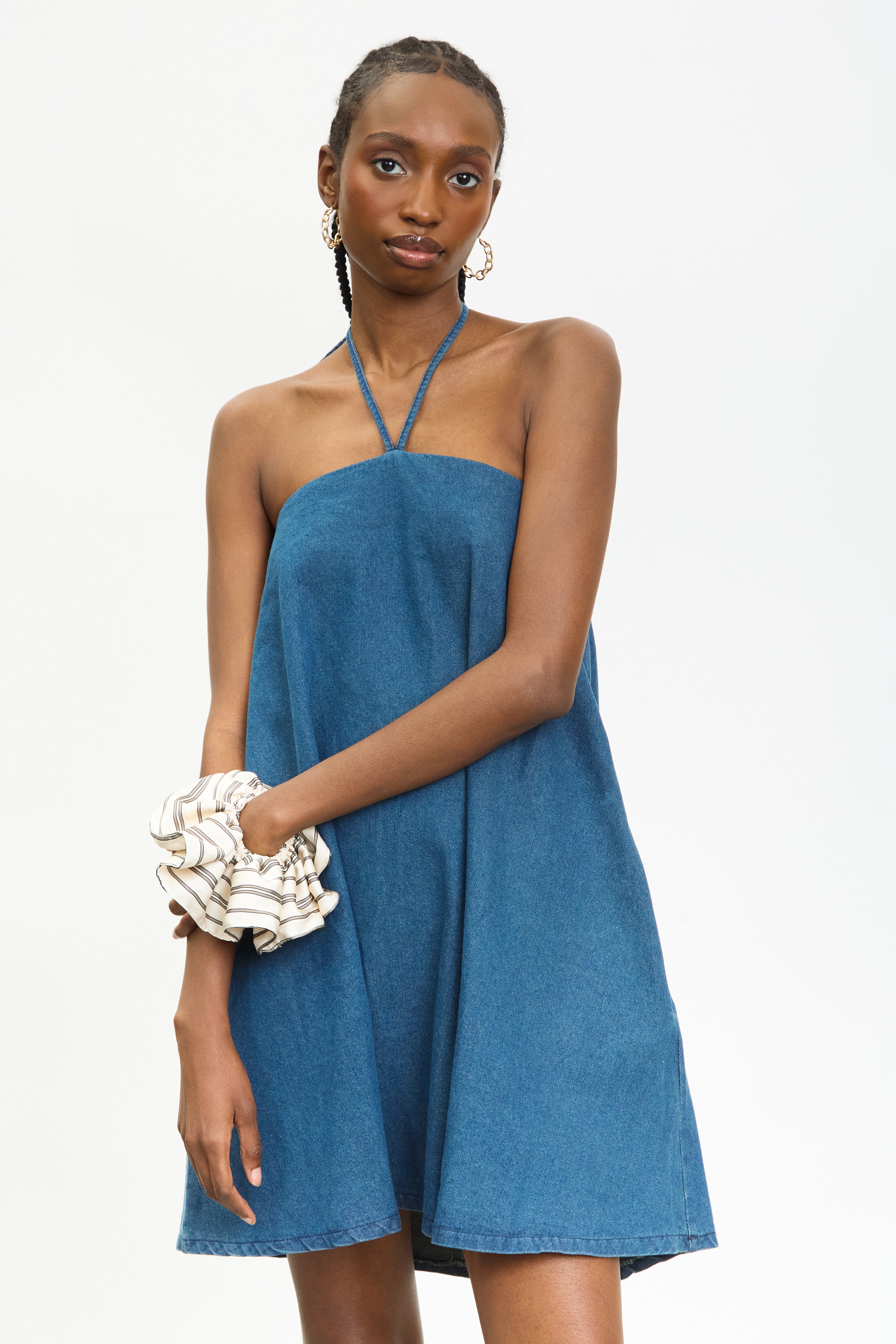 Blue denim halter neck mini dress_3