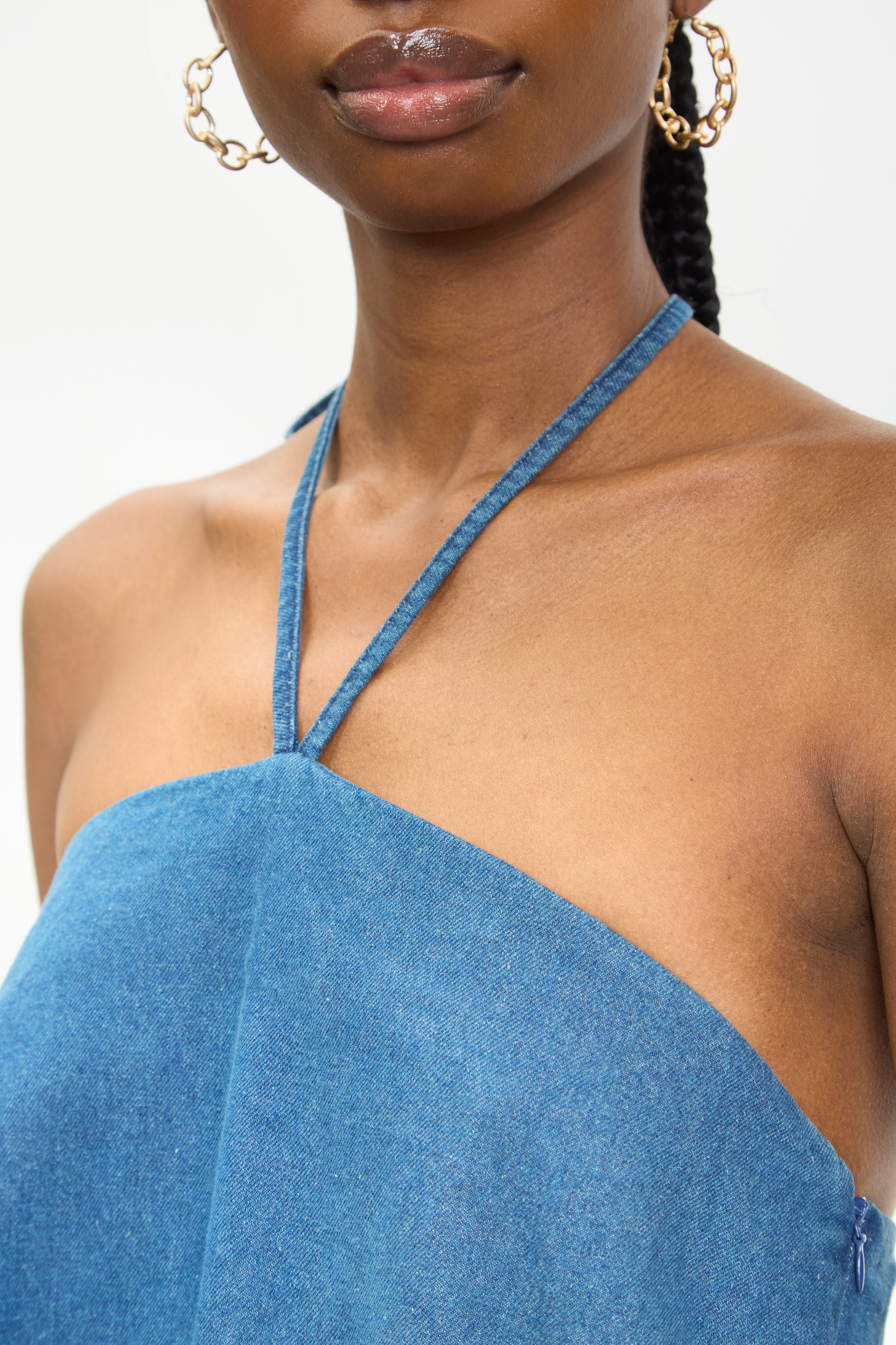 Blue denim halter neck mini dress_4