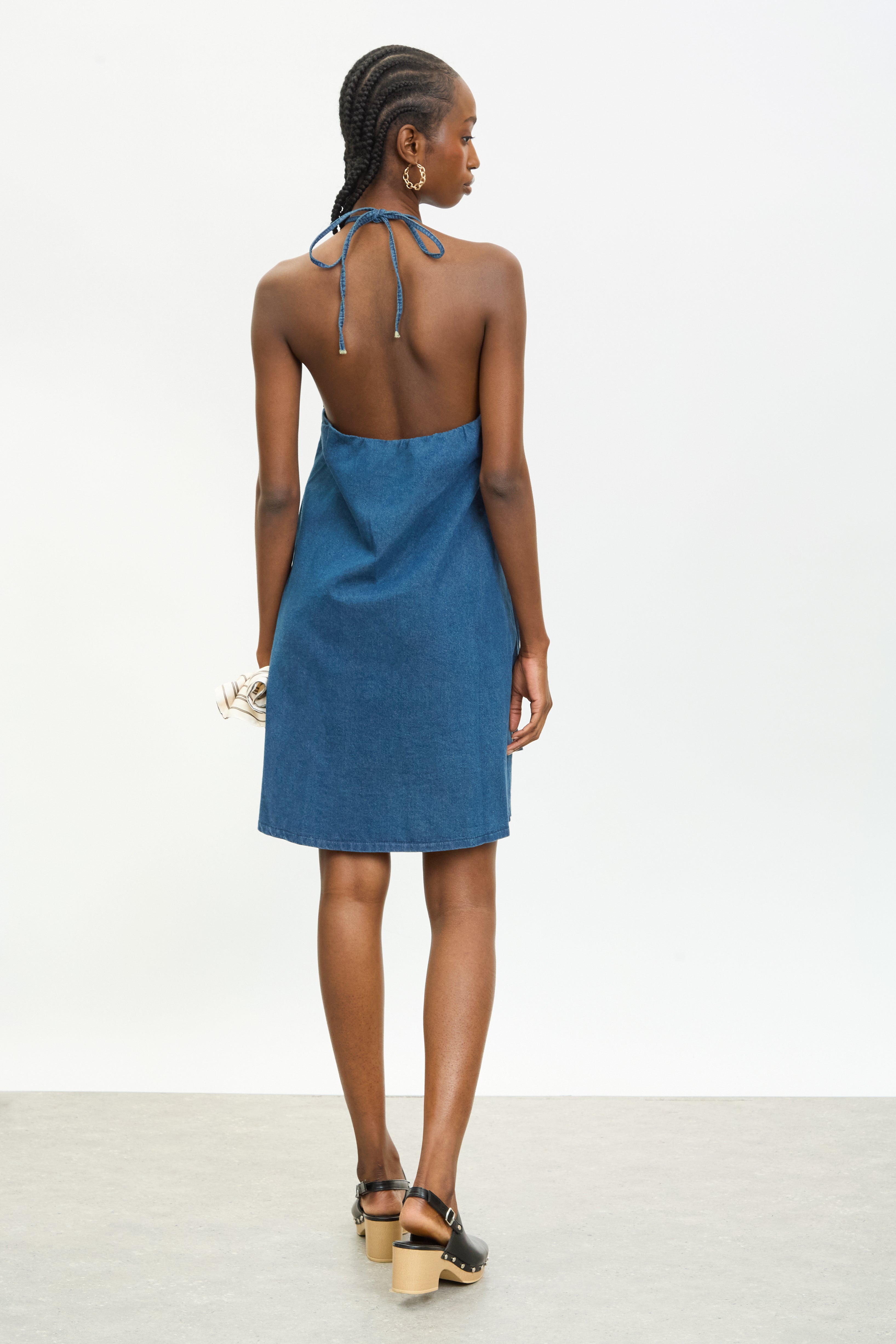 Blue denim halter neck mini dress_2