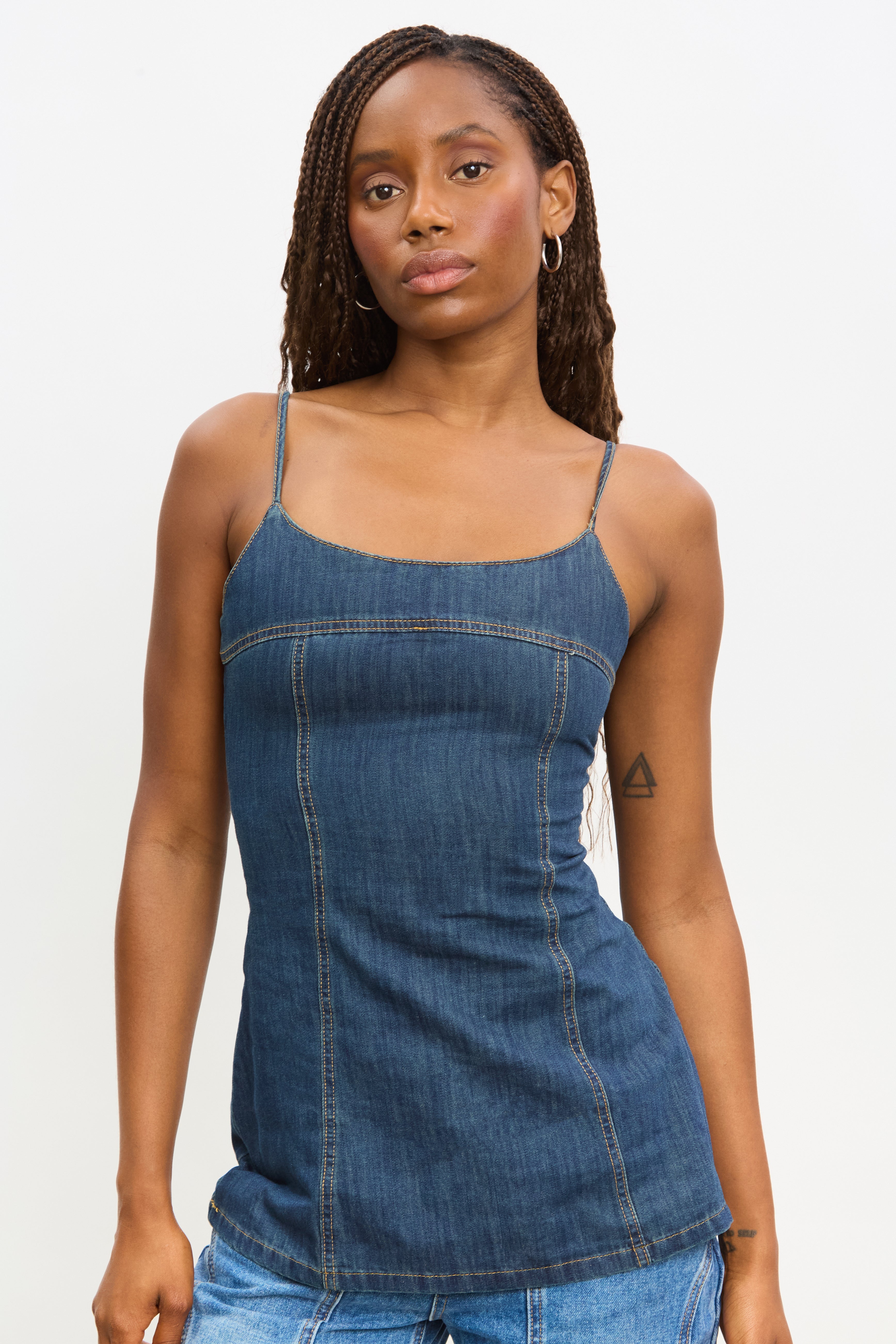 Blue denim long line contrast stitch tank_1