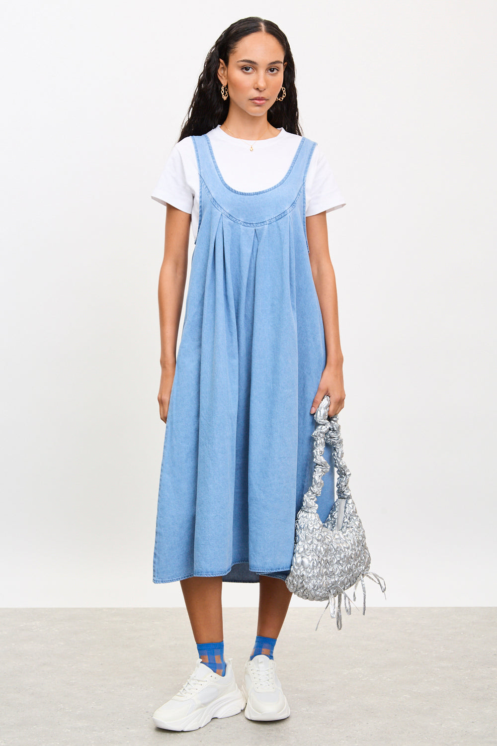 tie neck denim dress