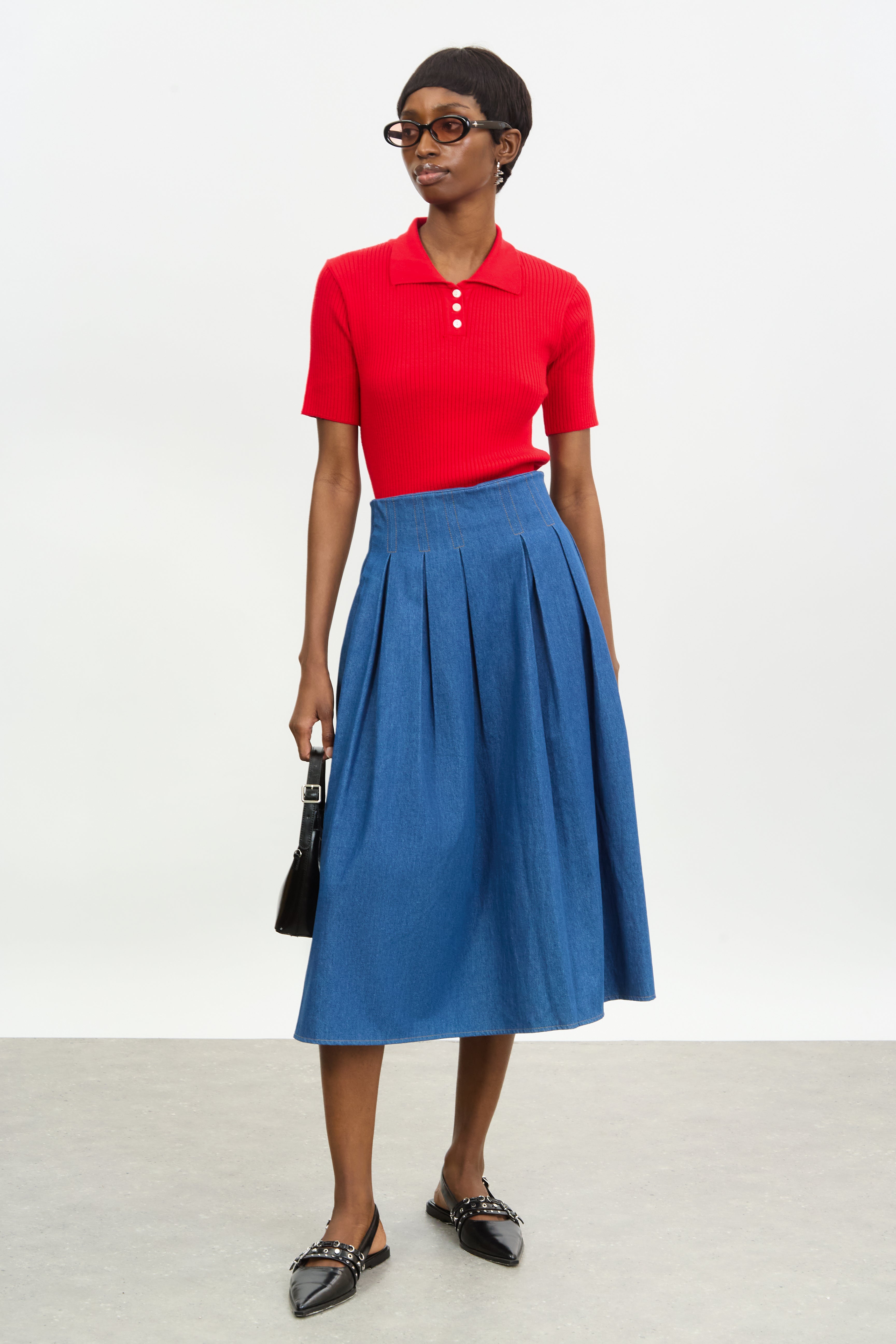Blue denm contrast stitch box pleat skirt_4